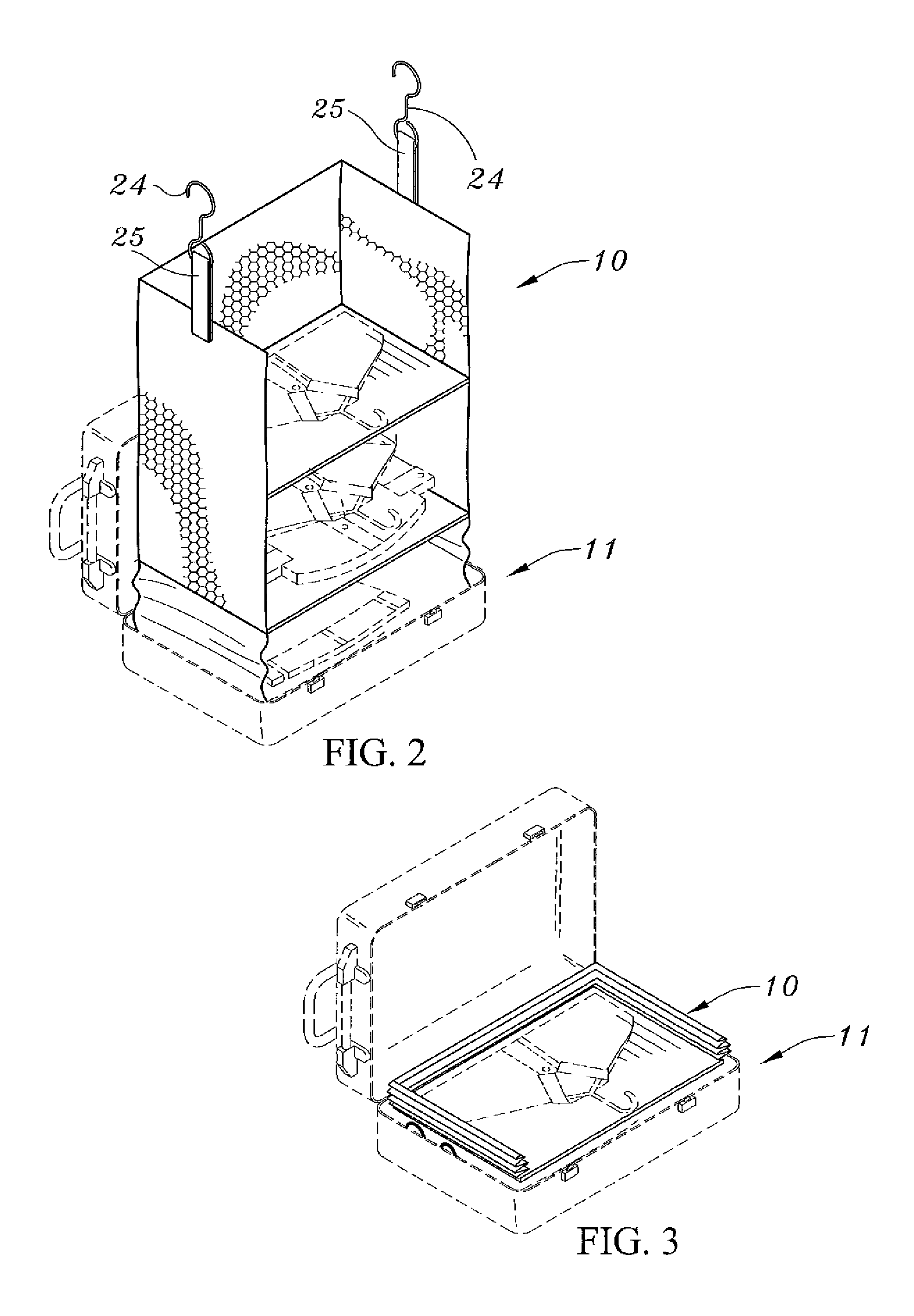Hanging shelf system and travel organizer for use in combination with a suitcase