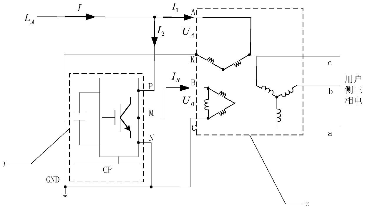 Single-phase/two-phase-to-three-phase power supply structure utilizing YNvd transformer