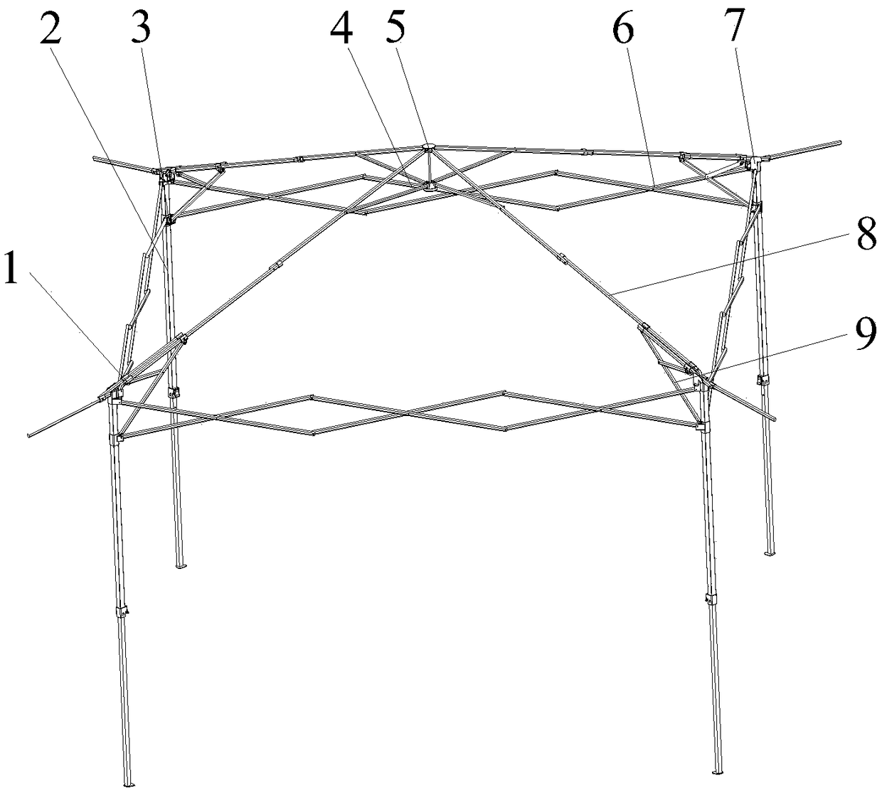 Folding tent with automatic roof overhanging structure