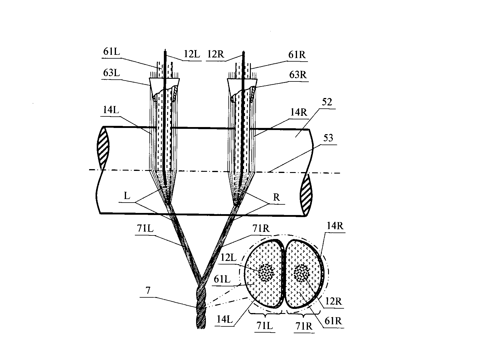 Two-bundle screen symmetrical composite yarn, spinning method and applications thereof