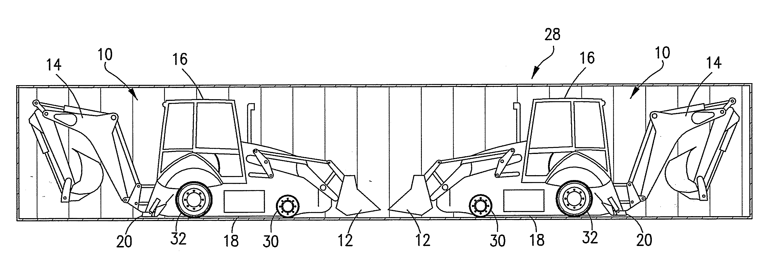 Method and apparatus for transporting construction equipment in an enclosed container within the hold of a vessel