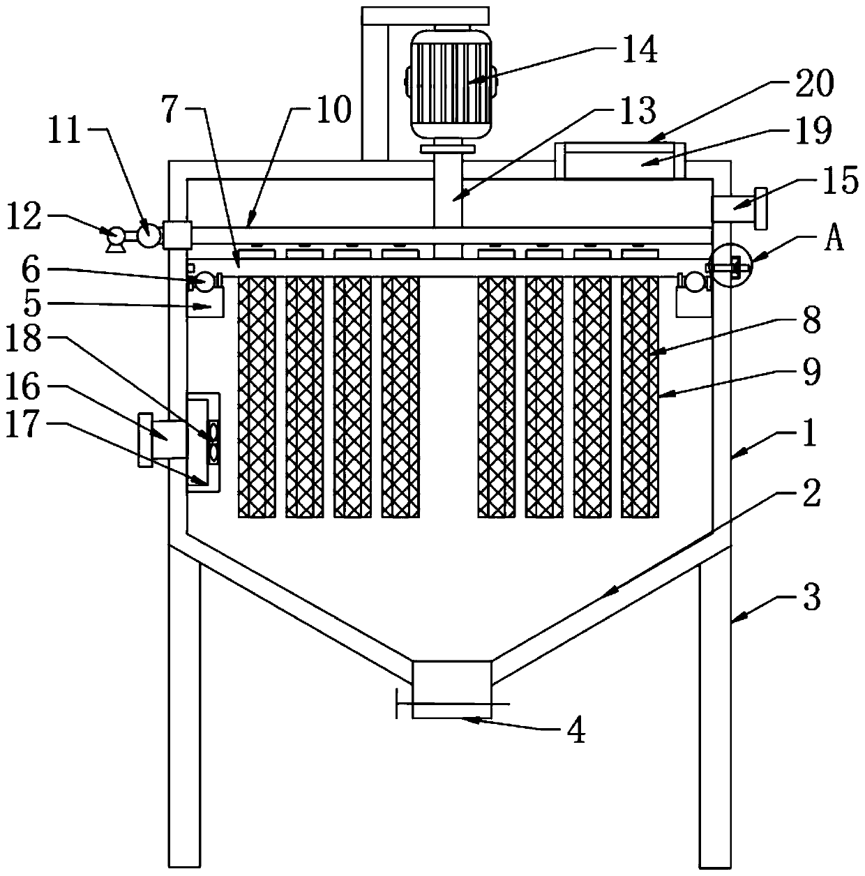 Bag filter device with rotary dust removal function for building material workshop