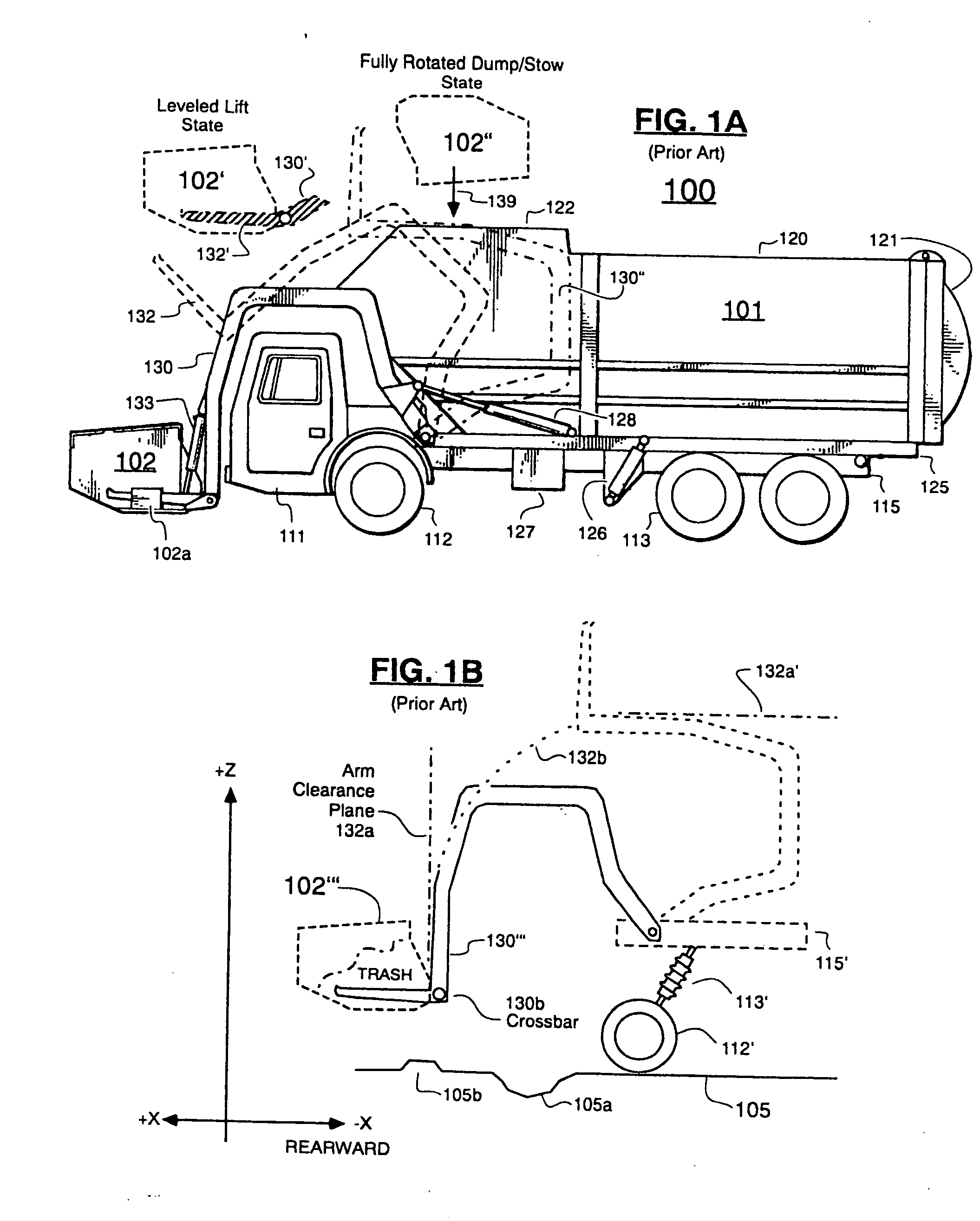 Front-loadable refuse container having side-loading robotic arm with motors and other mass mounted at rear of container and use of same with front-loading waste-hauling vehicle having hydraulic front forks or other retractably engageable lift means