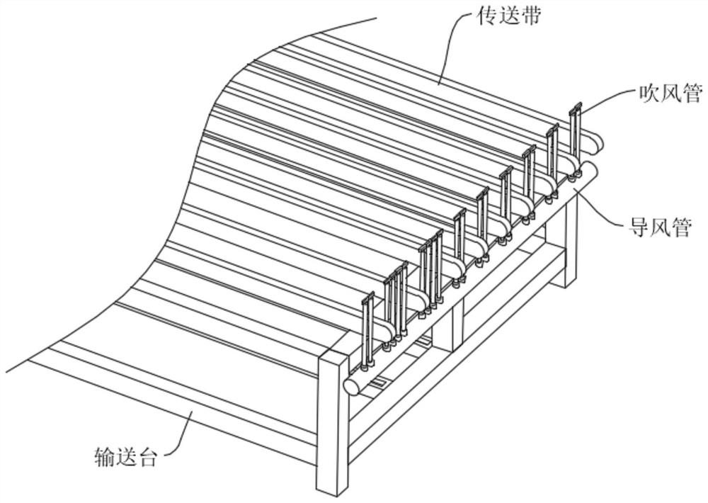Automatic film blowing device of laminated glass conveying table