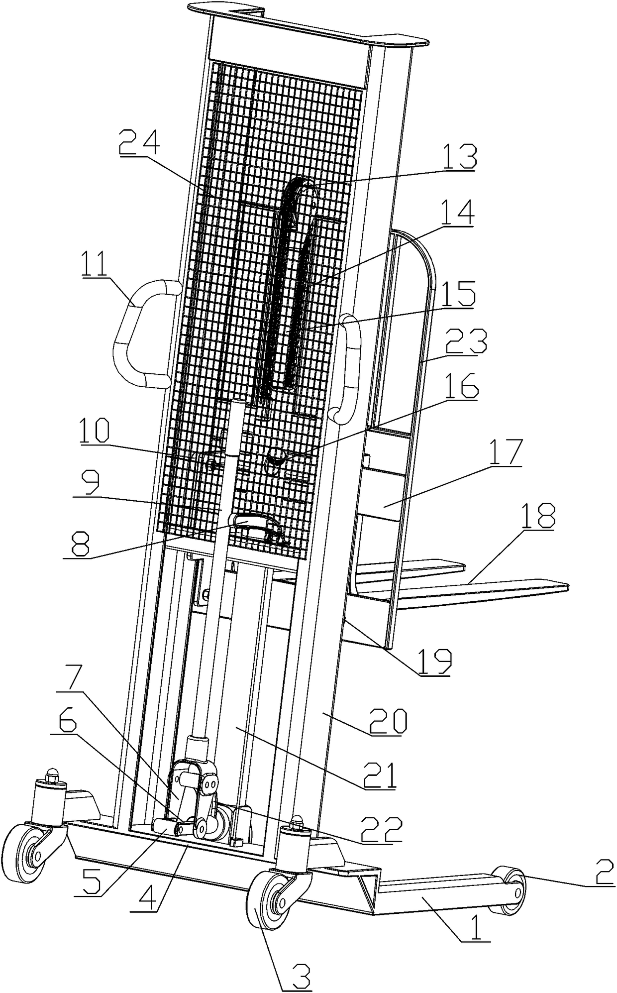 Manual hydraulic forklift for constructional engineering and operating method