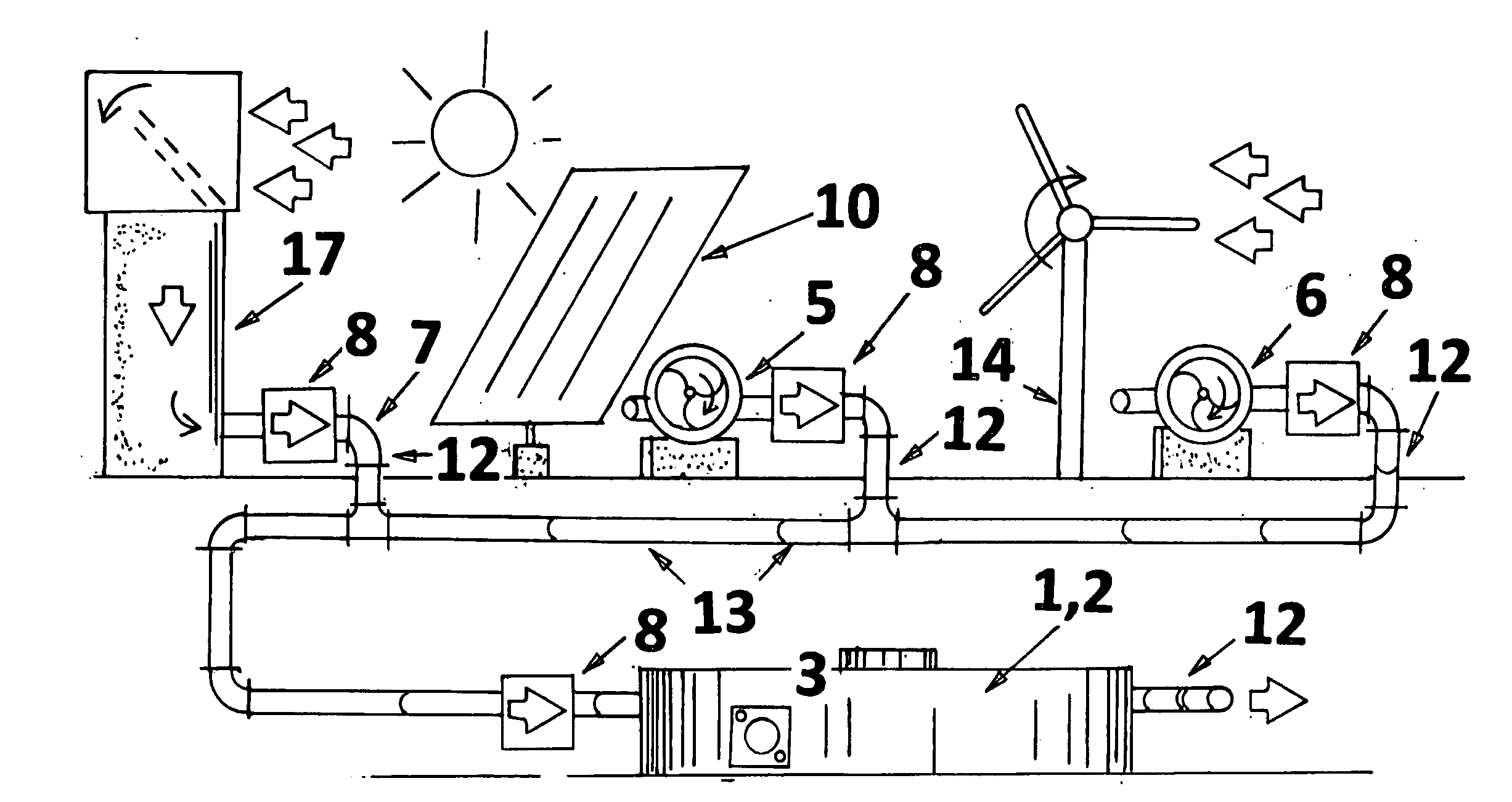 Solar and wind powered blower utilizing a flywheel and turbine