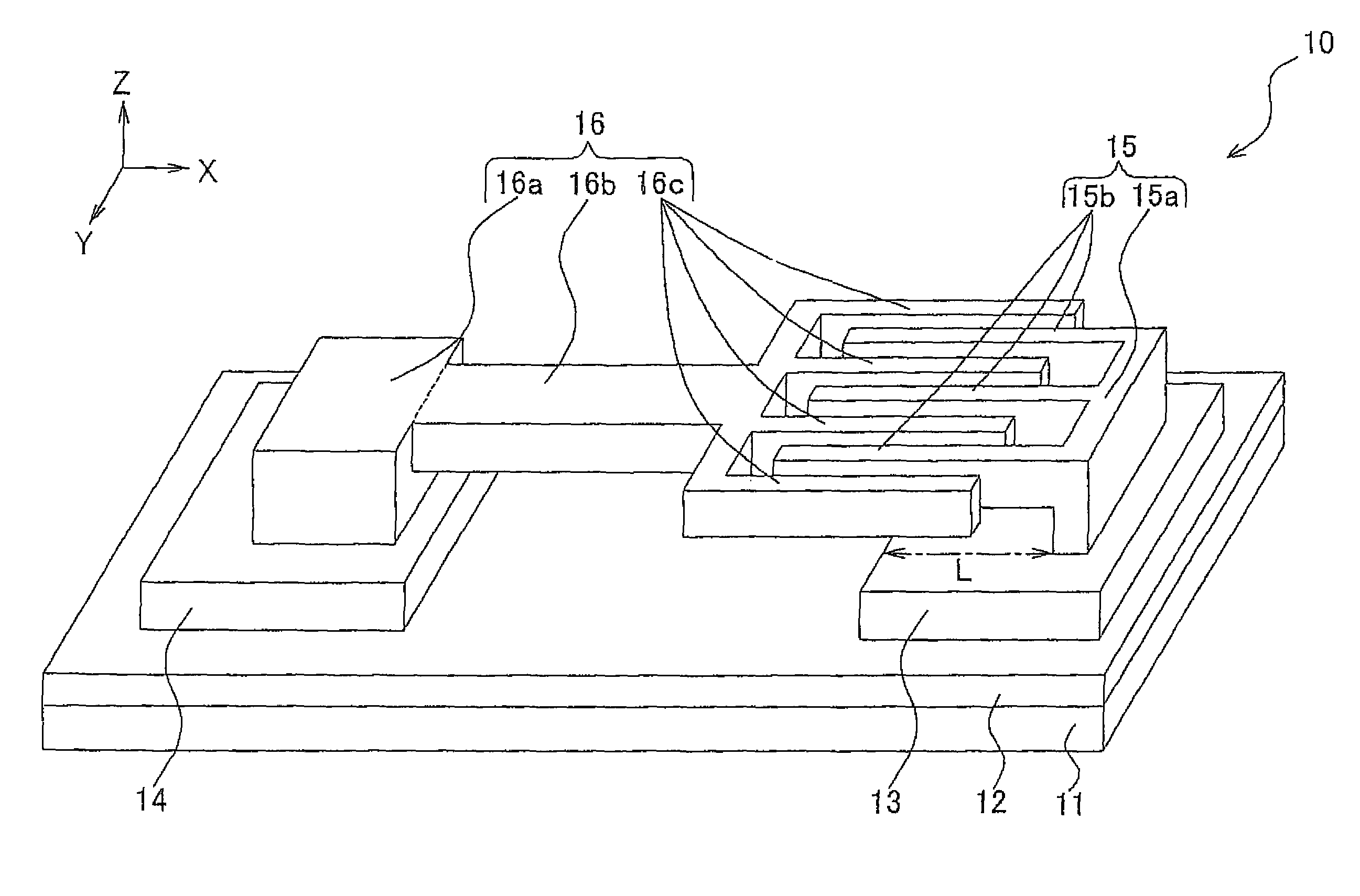 Resonator having an output electrode underneath first and second electrode arms