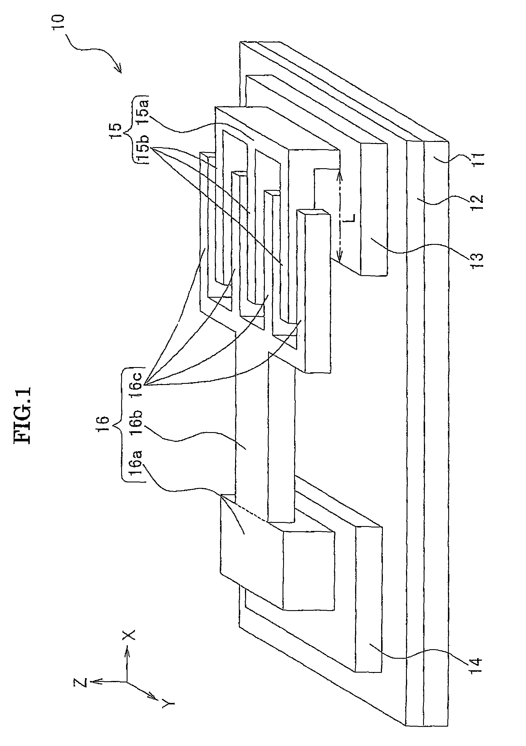 Resonator having an output electrode underneath first and second electrode arms