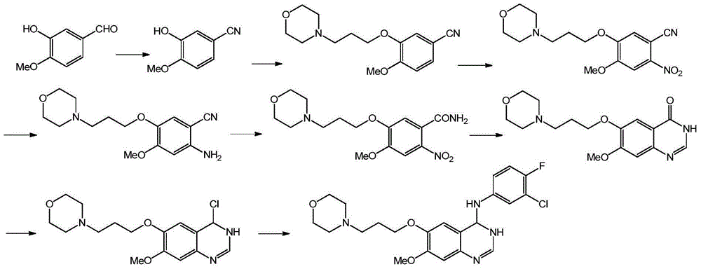Preparation method of 4-(3-chloro-4-fluorophenyl amido)-7-methoxy-6-(3-morpholine propoxy) quinazoline