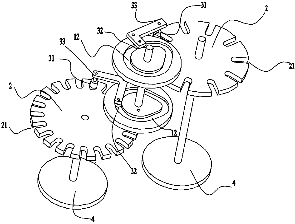 Intermittent transmission mechanism and stirring wheel bottle conveying device