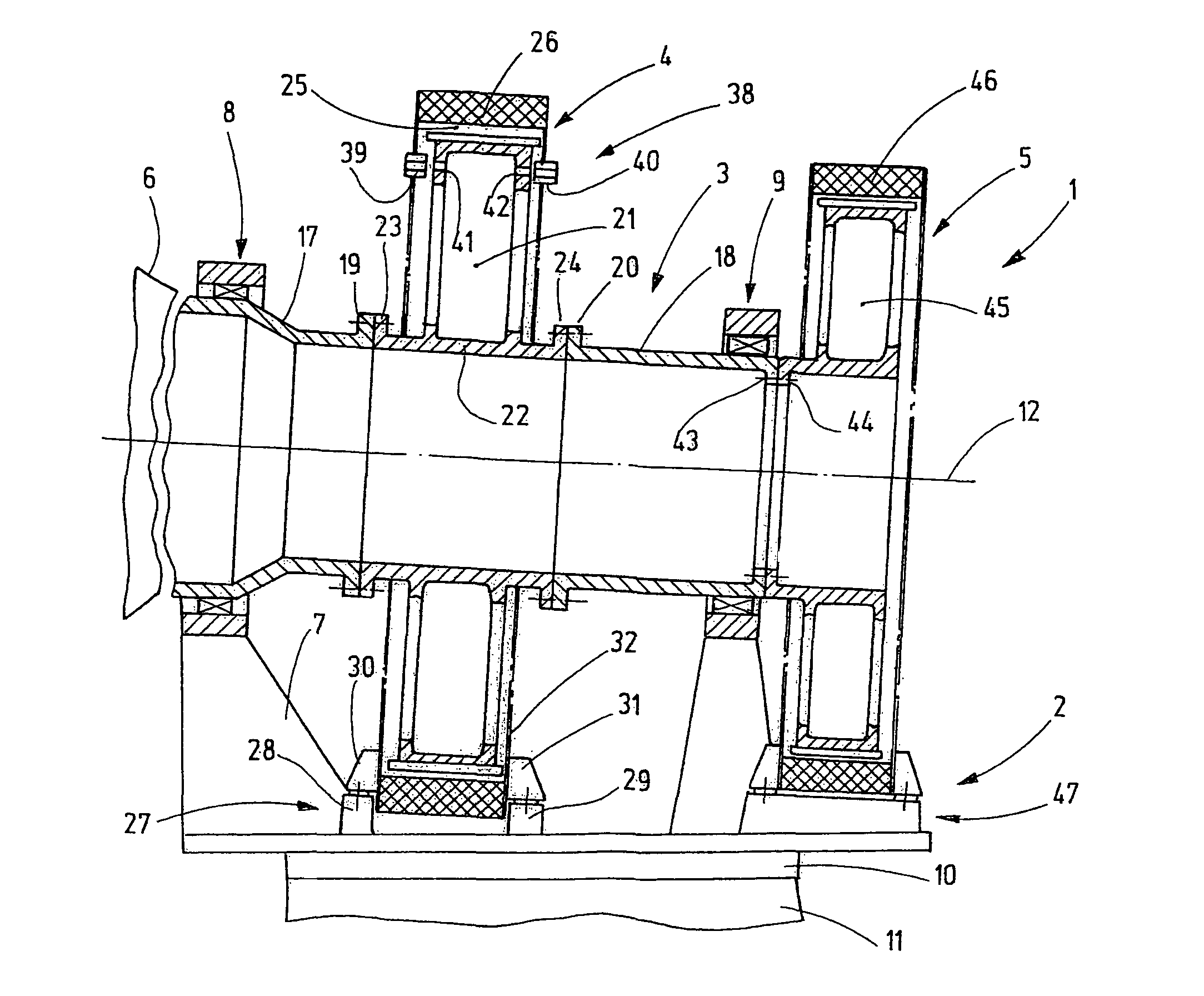 Gondola with multi-part main shaft