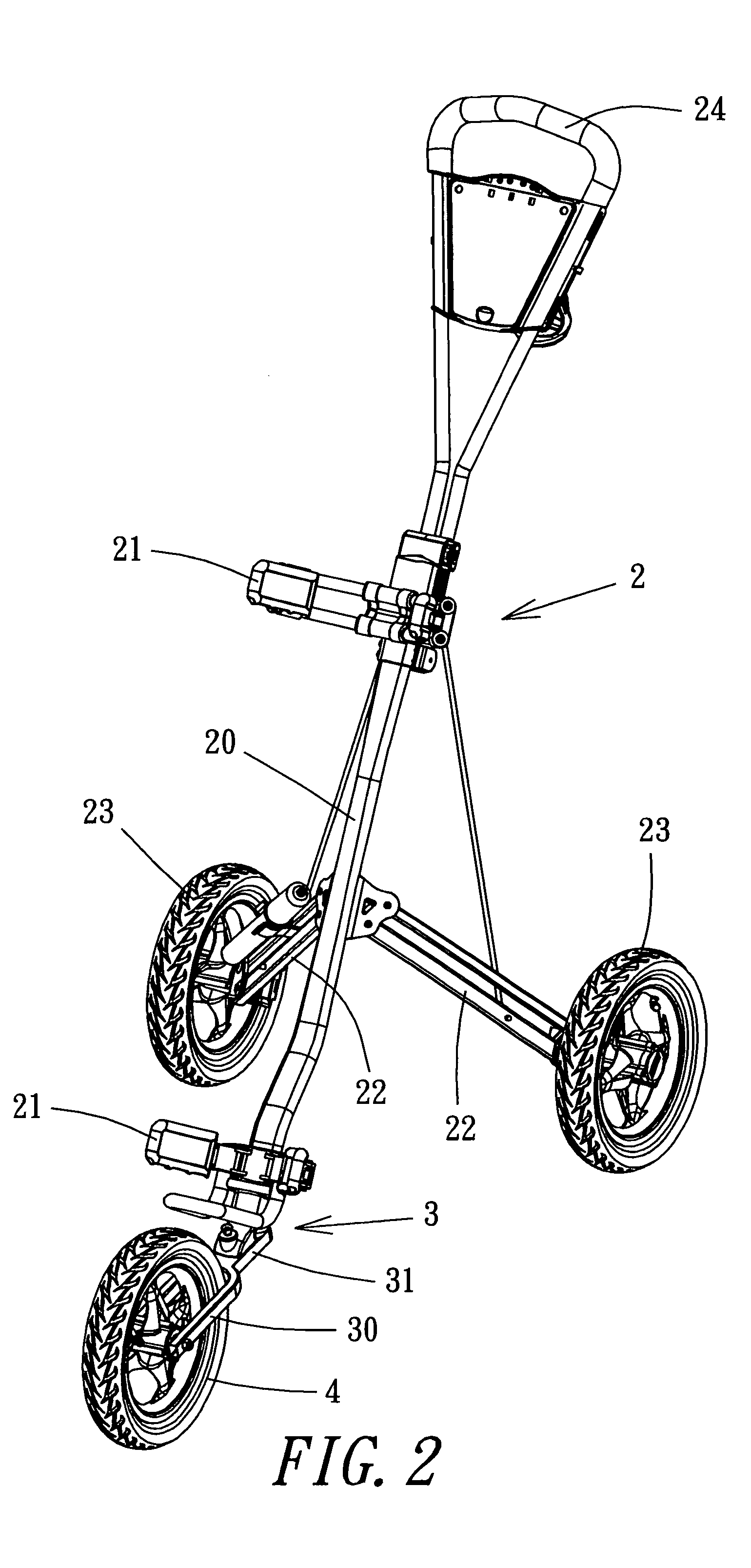 Third wheel collapsing device for a golf club cart