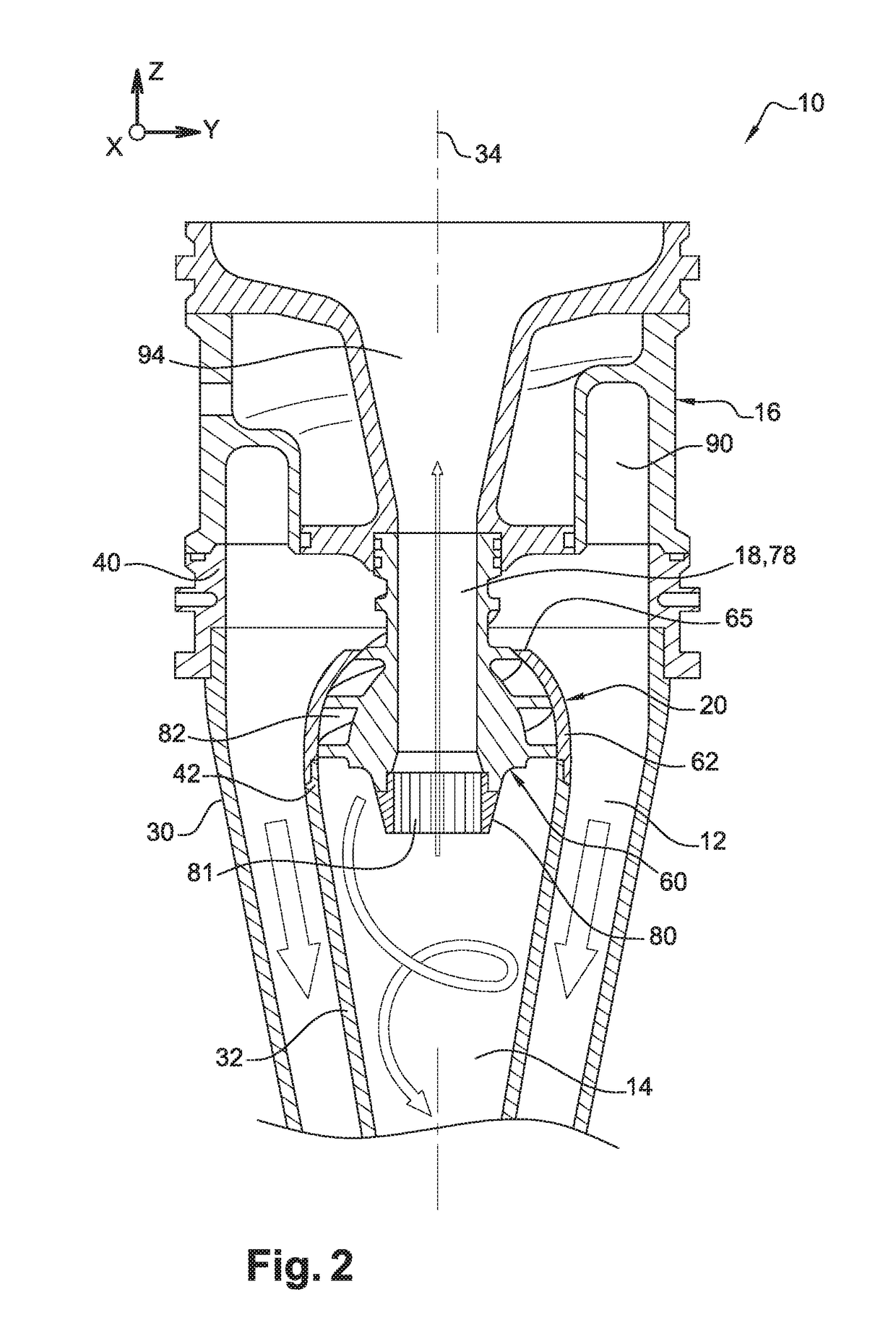 Cyclonic separation device comprising two cyclones linked by an optimised pipe unit