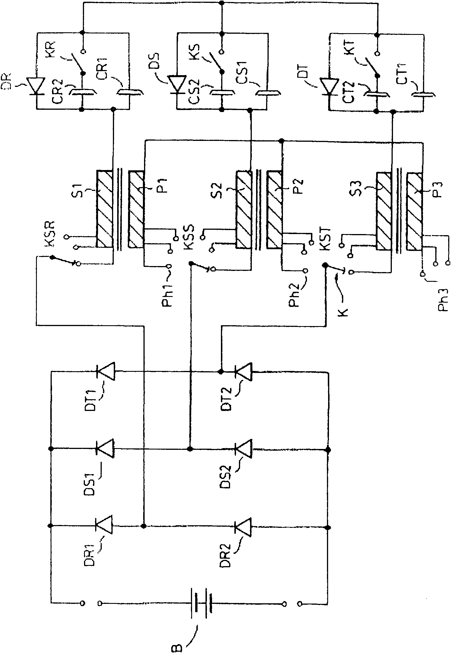 Battery charger circuit operated from a three-phase network