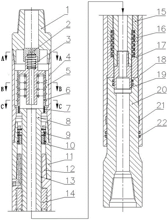 Spiral double-stage compounding impacting device for drilling well speed raising and effect enhancing