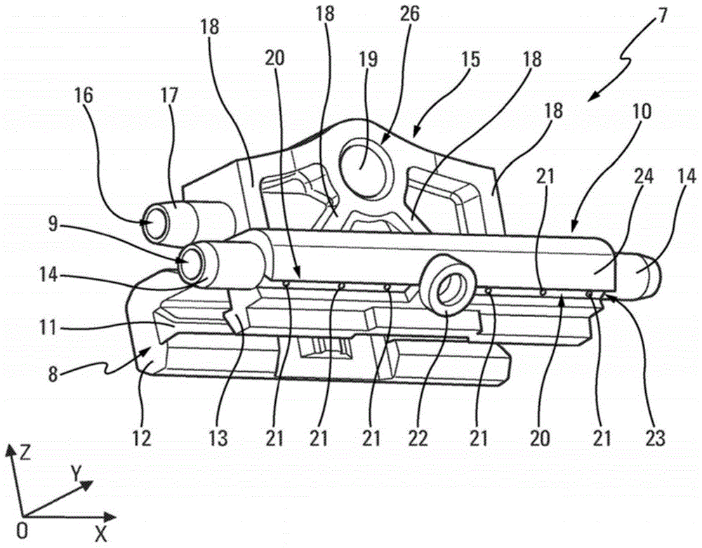 Device for connecting a wiper arm and a wiper blade together including an area arranged to receive a plurality of spray openings