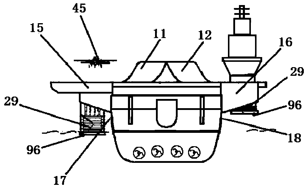 Device used for aircraft carriers, ships, warships, submarines, offshore platforms and provided with efficient load eliminating, shaking stopping, overturning preventing and correcting device