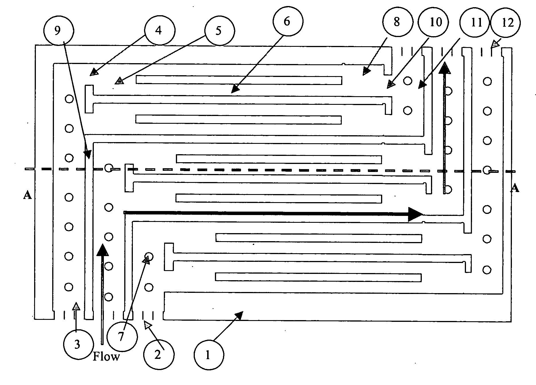 Flow control through plural, parallel connecting channels to/from a manifold