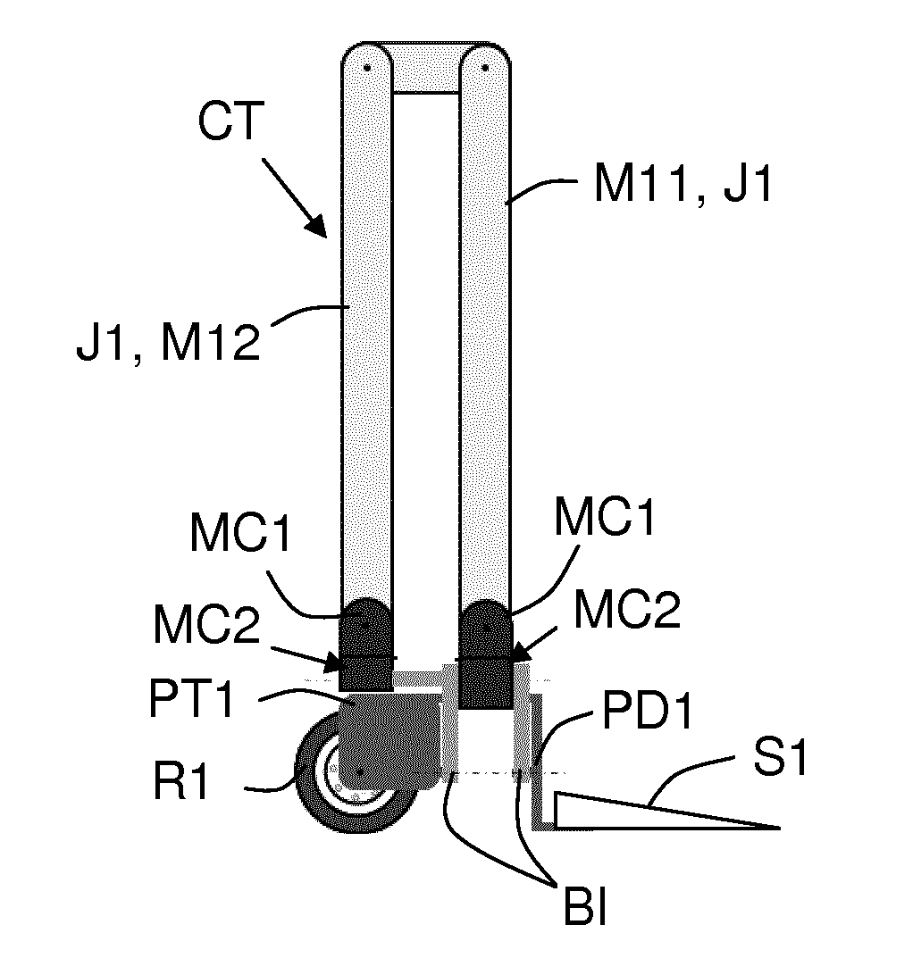 Convertible Transport Trolley Having a Pair of Fold-Away Legs and Simultaneously Fold-Away Wheels