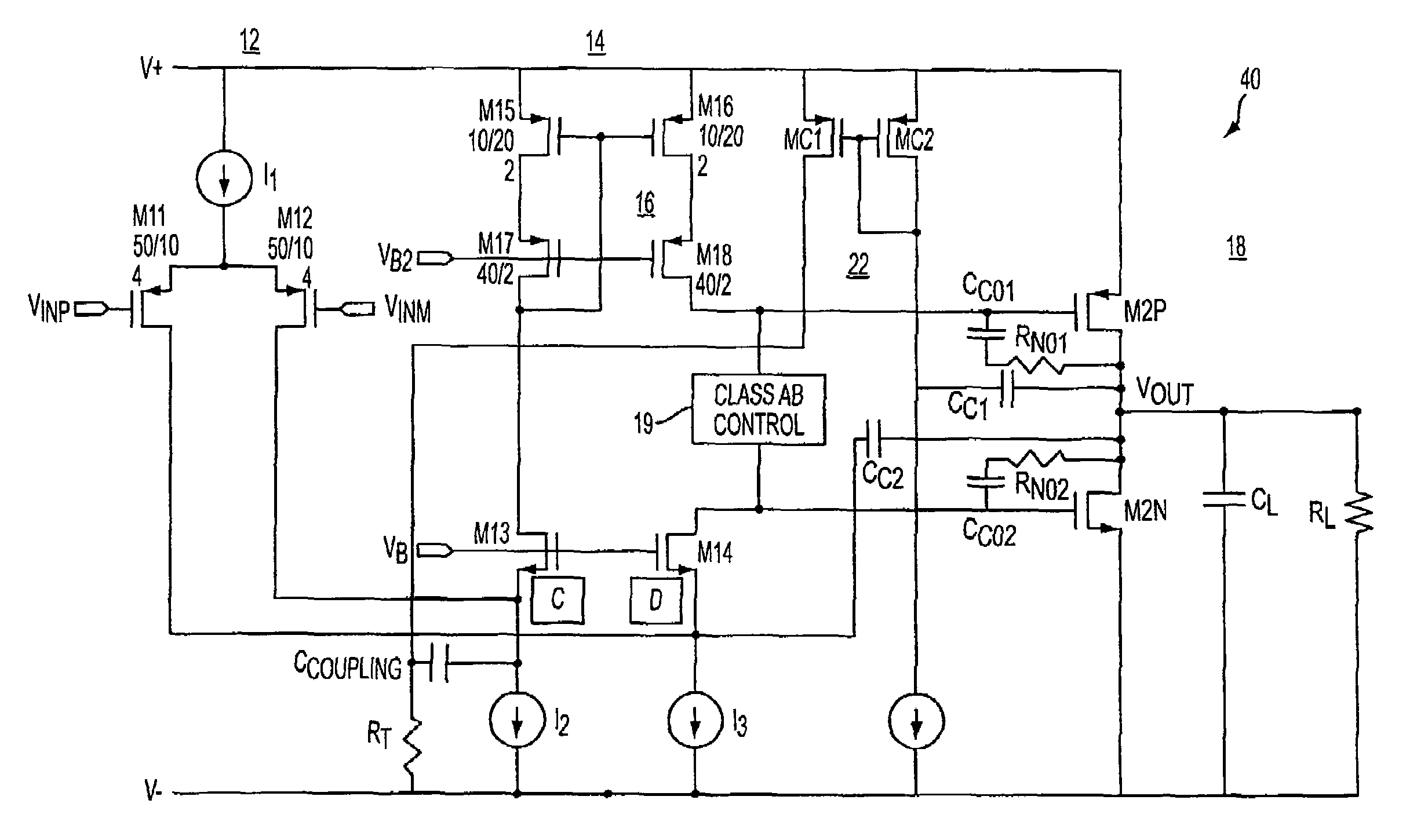 Class AB folded-cascode amplifier having cascode compensation