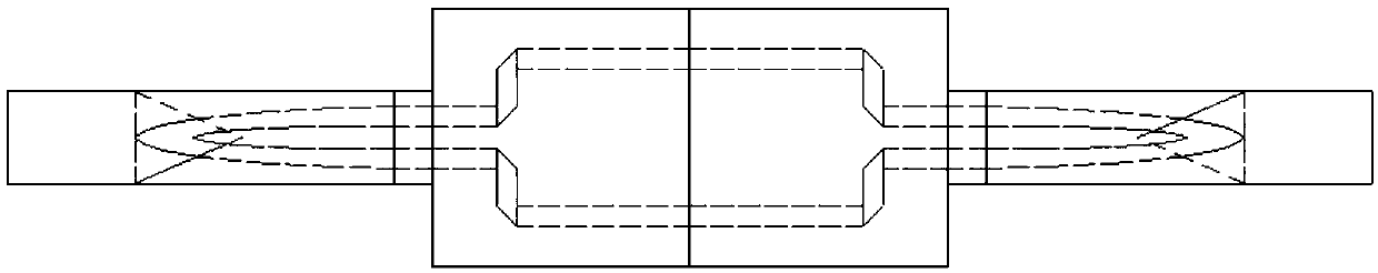 Four-way power combiner for pair-pole fin line millimeter wave waveguide