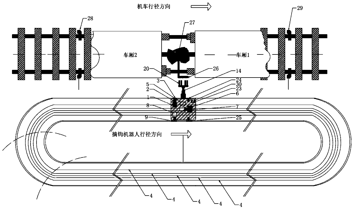 Suspended type railway freight automatic decoupling device, system and method