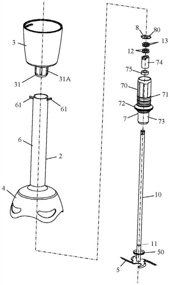 Stirring feet including drive shaft driven in rotation by motorized housing