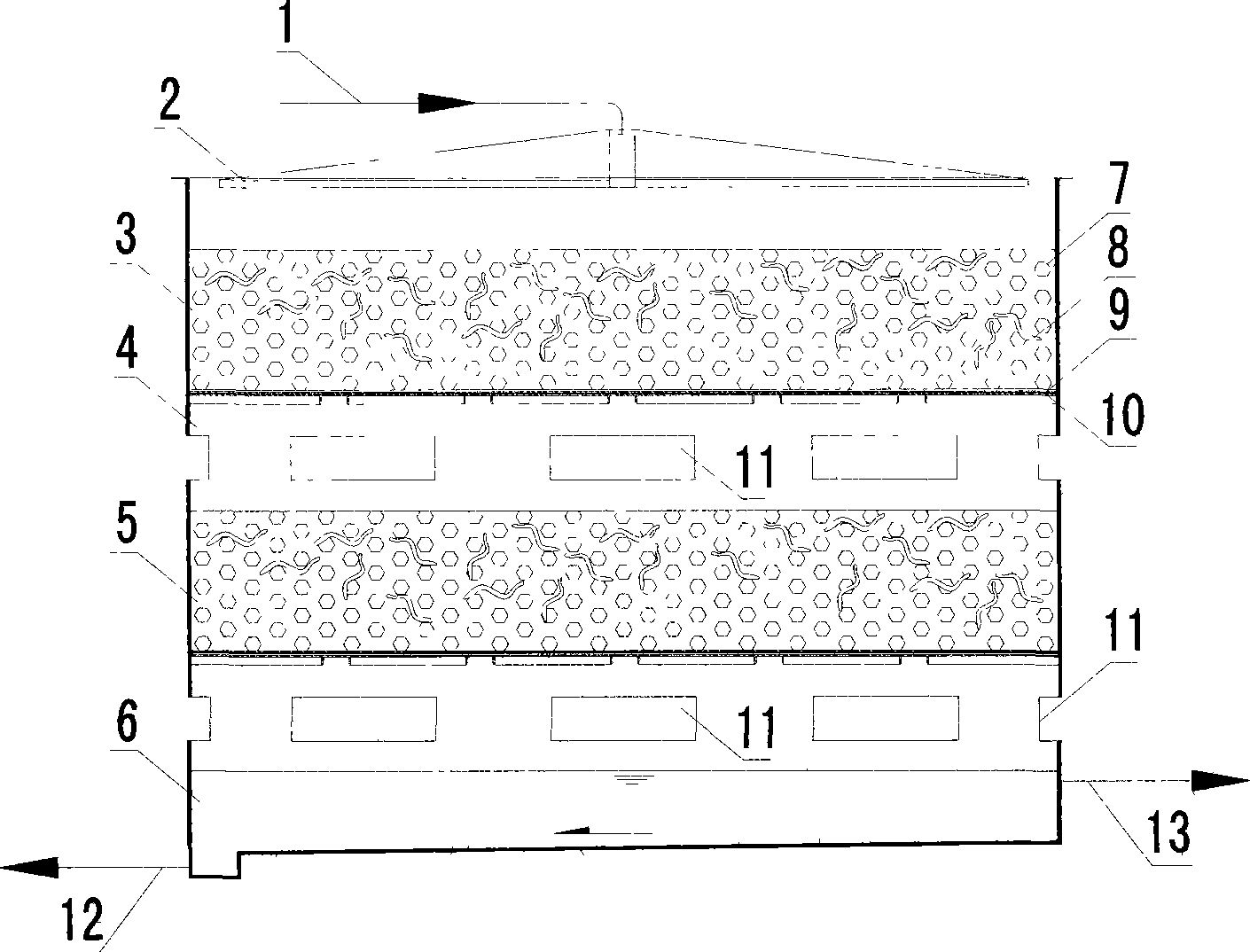 Method for treating rural disperse sewage by using high load vermibiofilter
