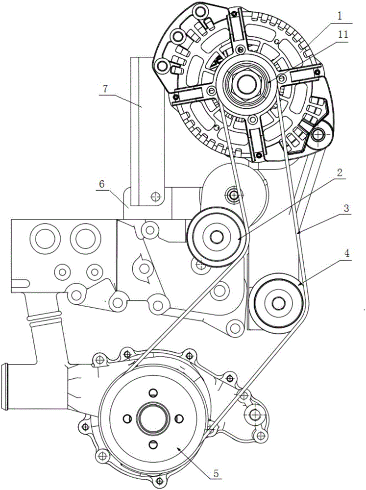 Pulley train structure of single generator at front end of engine
