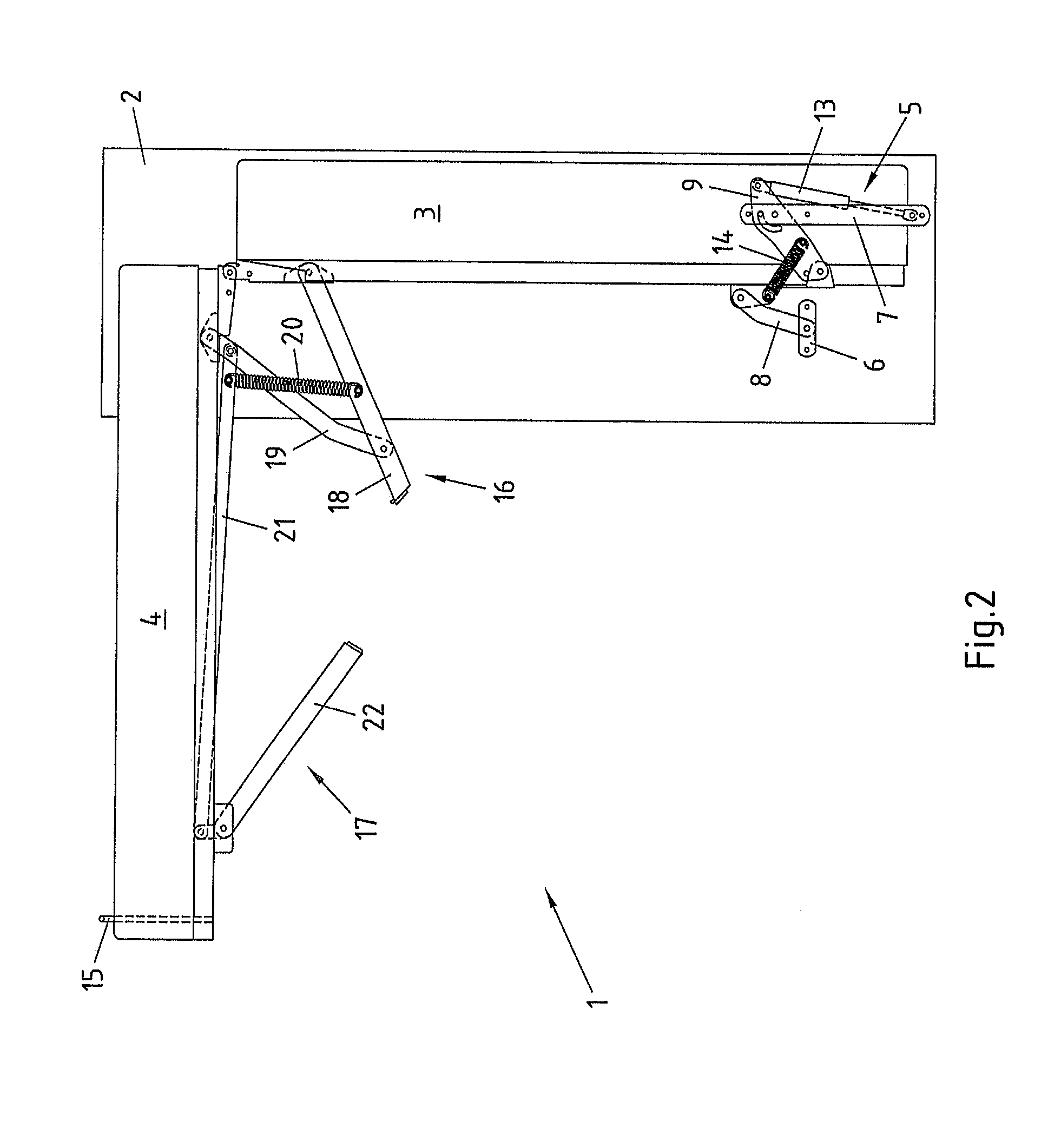 Folding bed with a control lever arranged between a cabinet unit and a head part