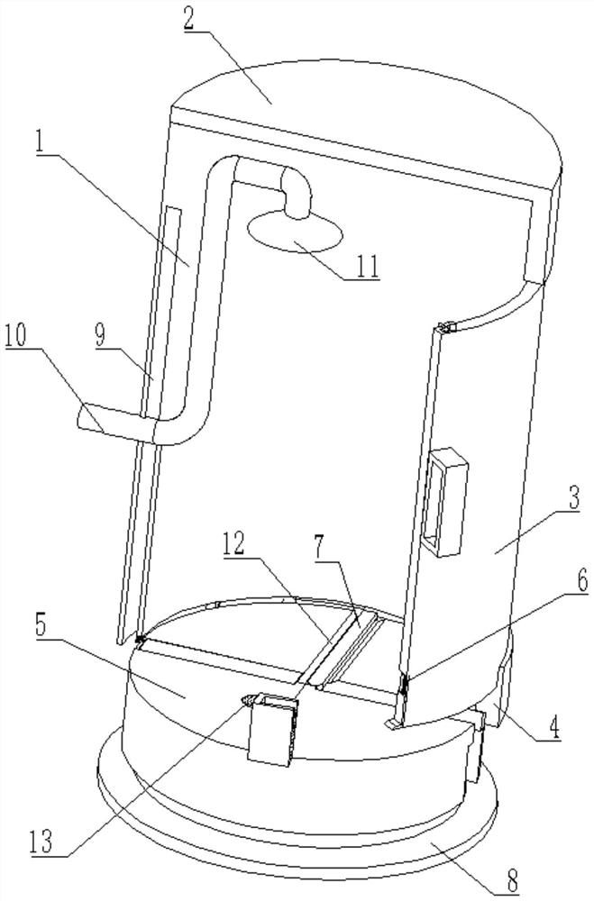 Shower room chassis with chute decontamination mechanism