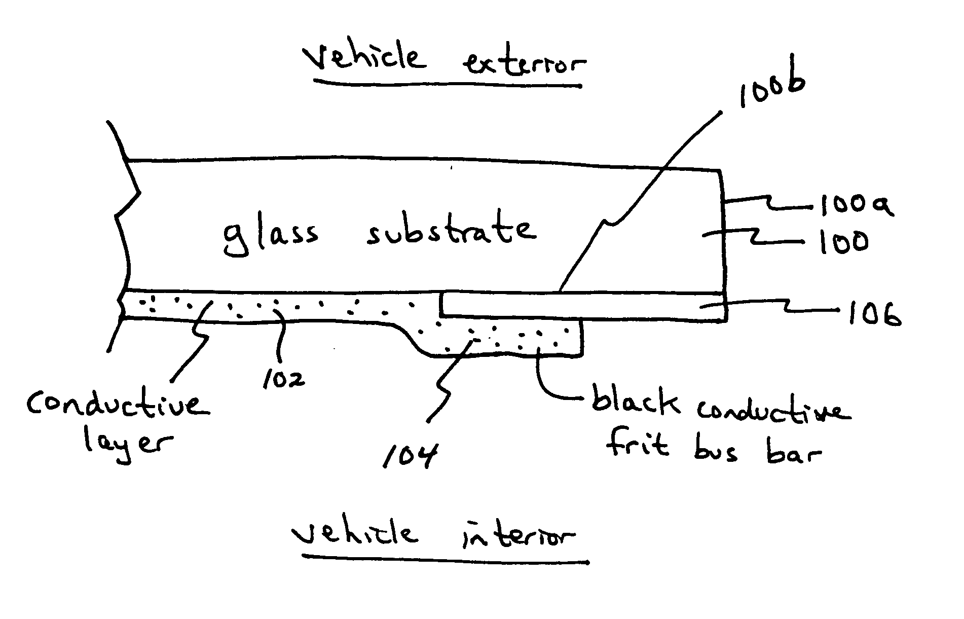 Vehicle window having bus bar(s) of conductive black frit
