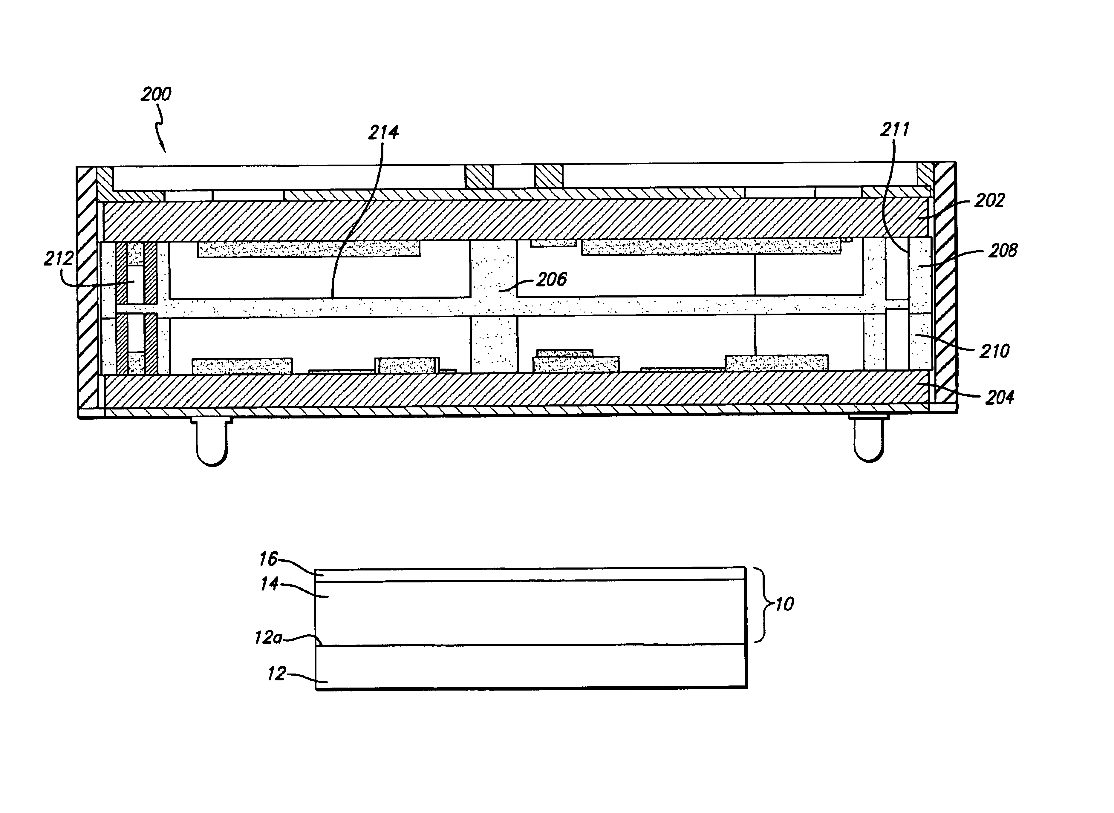 Multilayer thin film hydrogen getter and internal signal EMI shield for complex three dimensional electronic package components