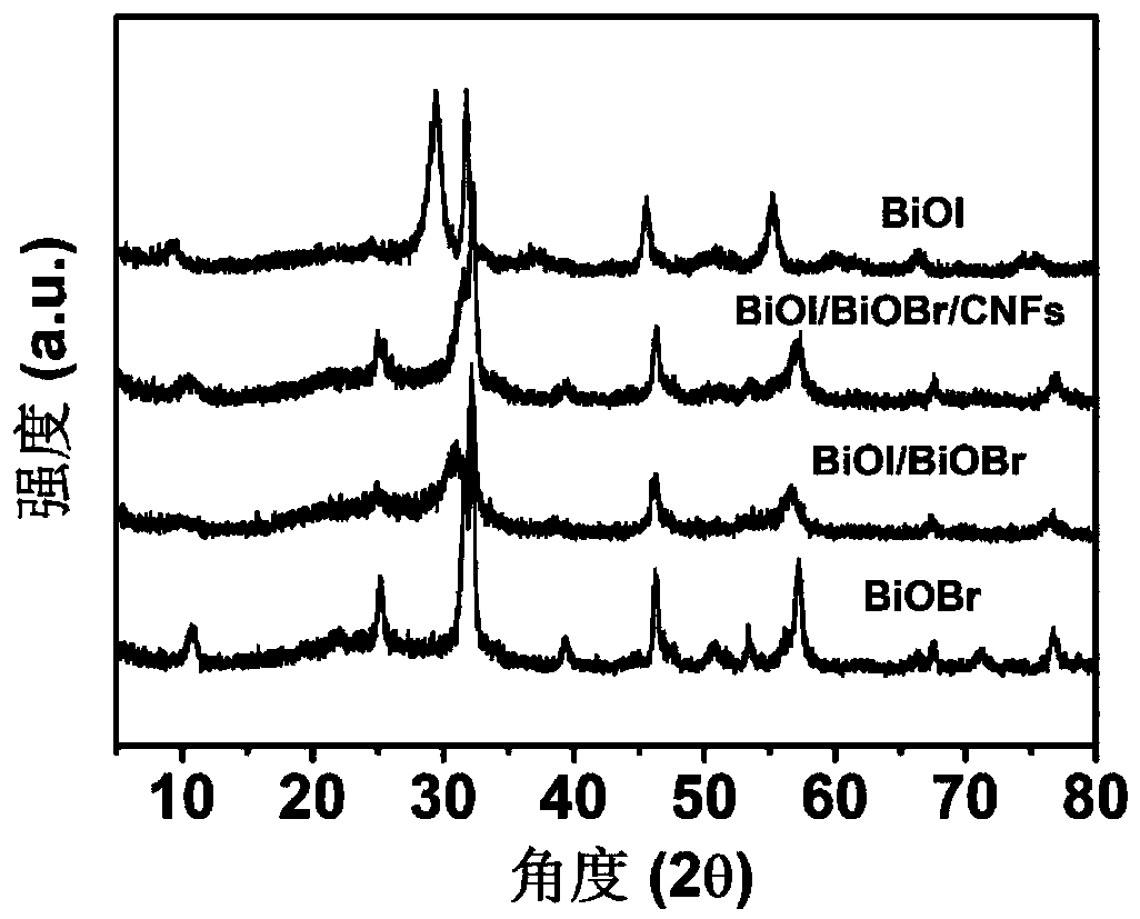 Method sed for degrading organic matters with photocatalyst BiOI/BiOBr/CNFs and applications thereof