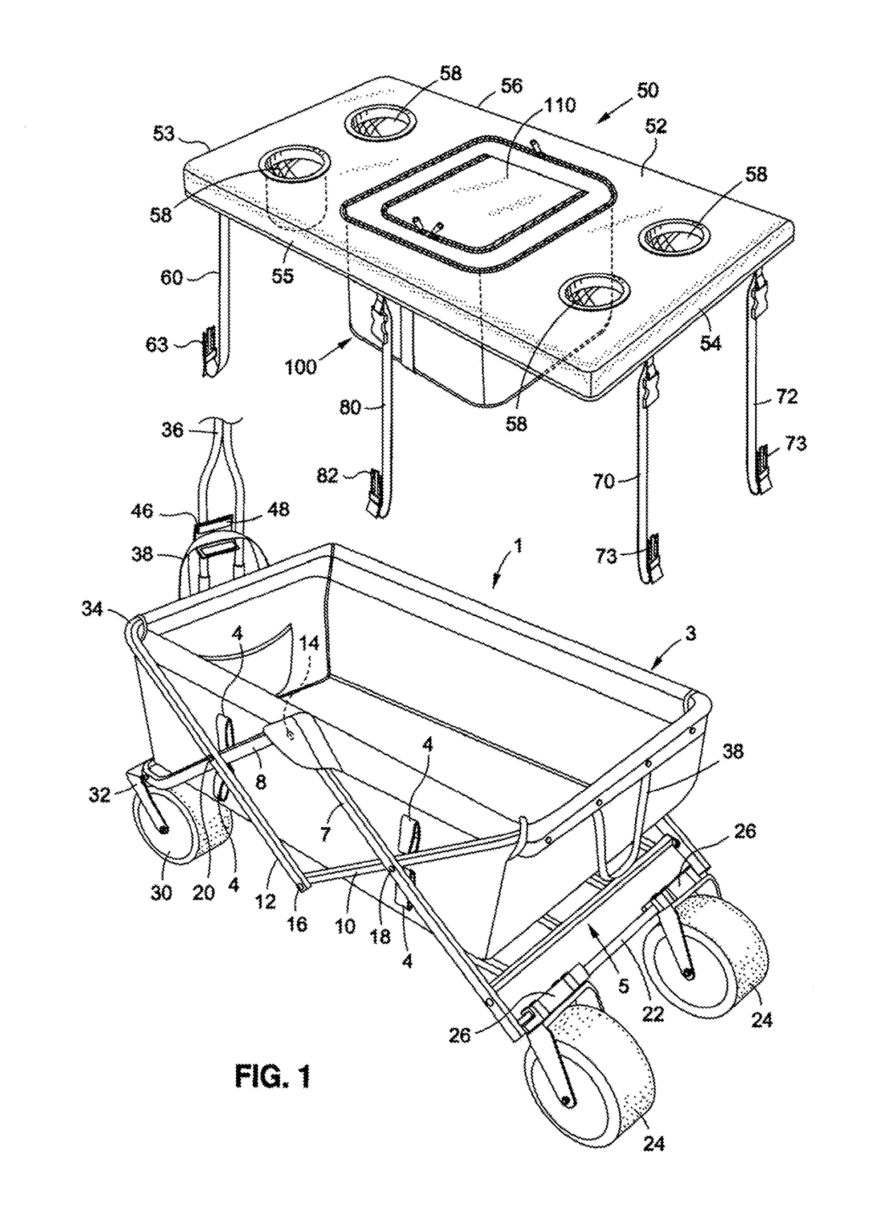 Folding wagon having a cooler and a removable table connected thereto