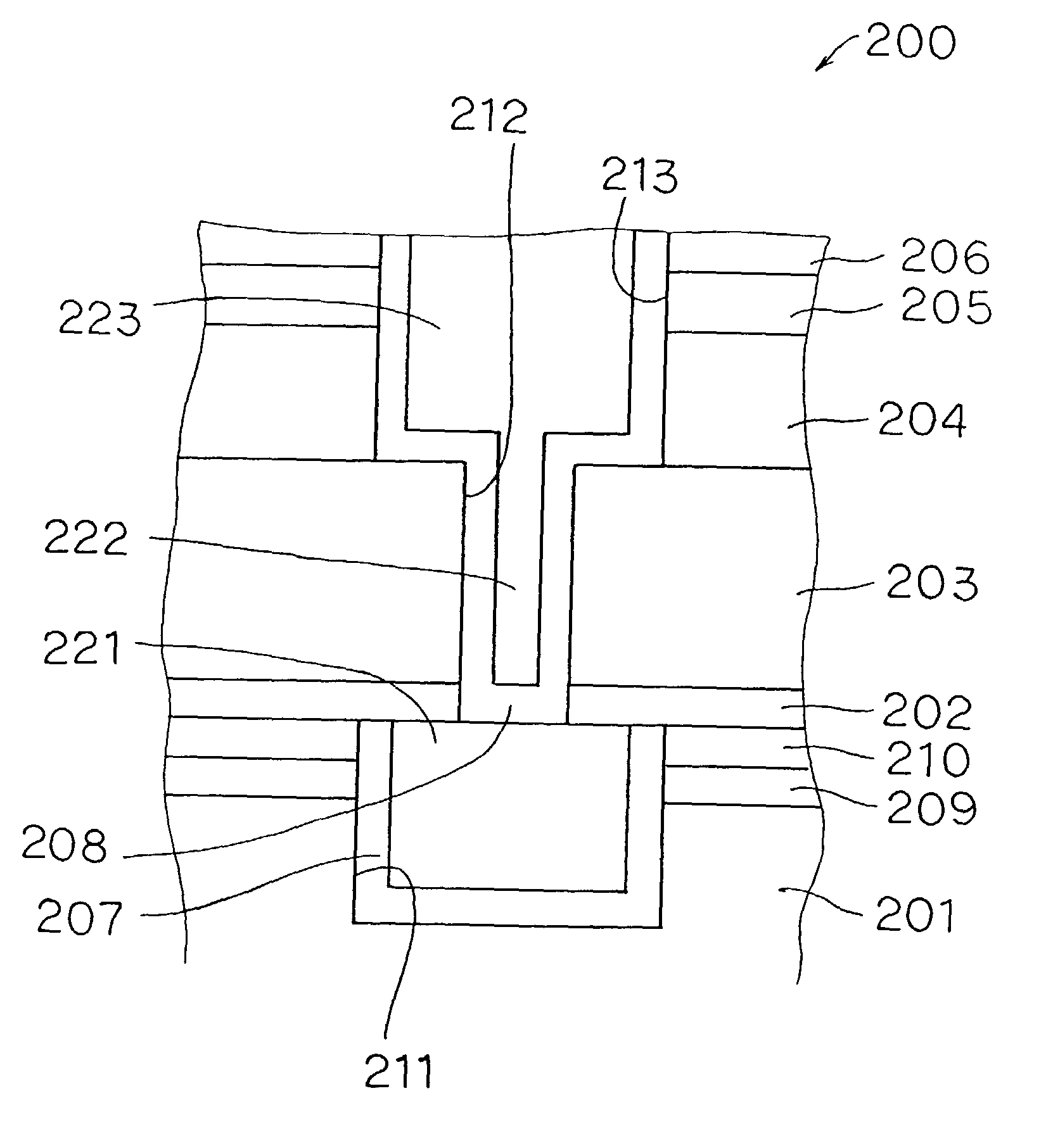 Dual damascene circuit with upper wiring and interconnect line positioned in regions formed as two layers including organic polymer layer and low-permittivity layer
