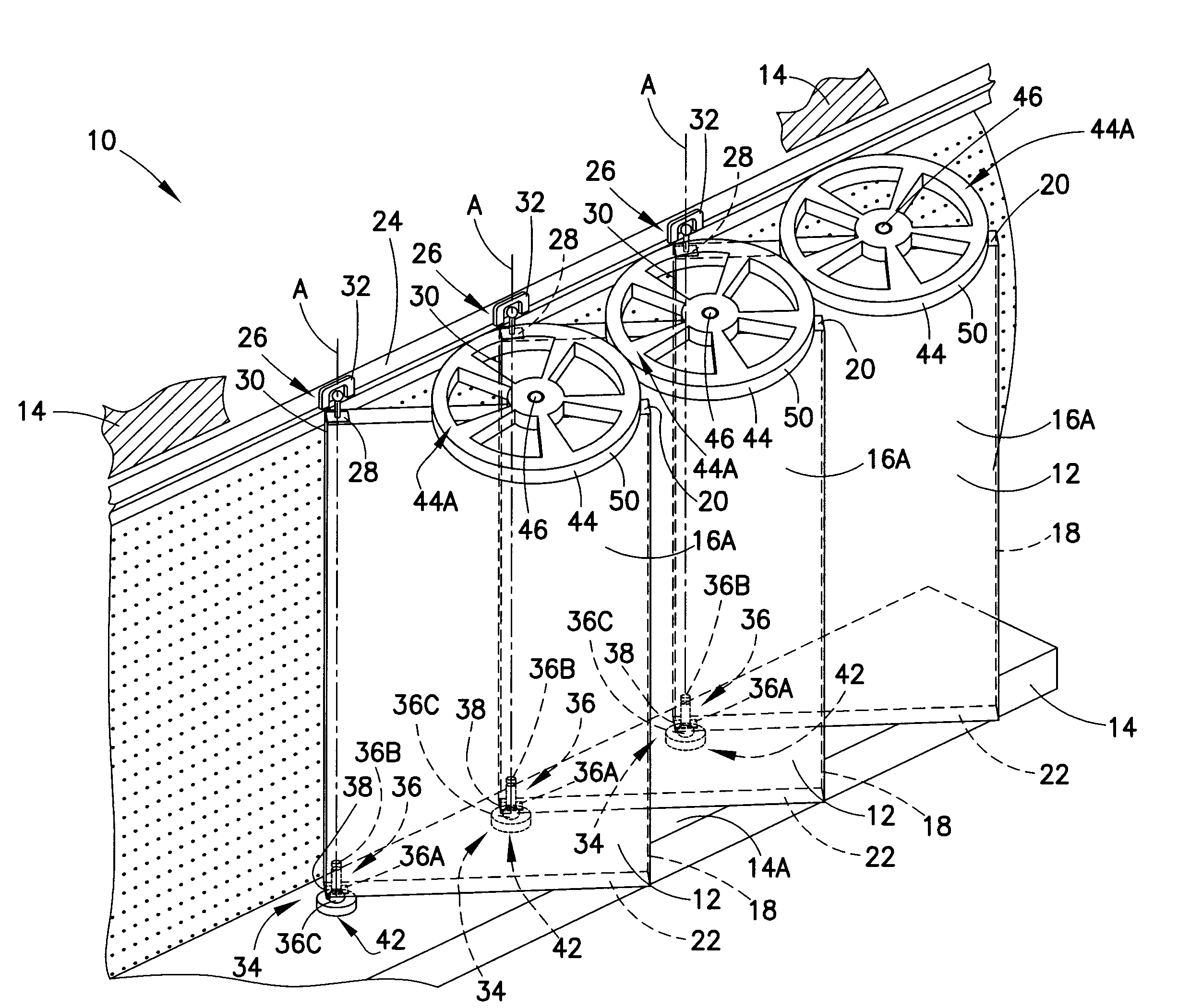 Adjustable pivoting panel display and/or storage system with adjacent panel non-interference feature