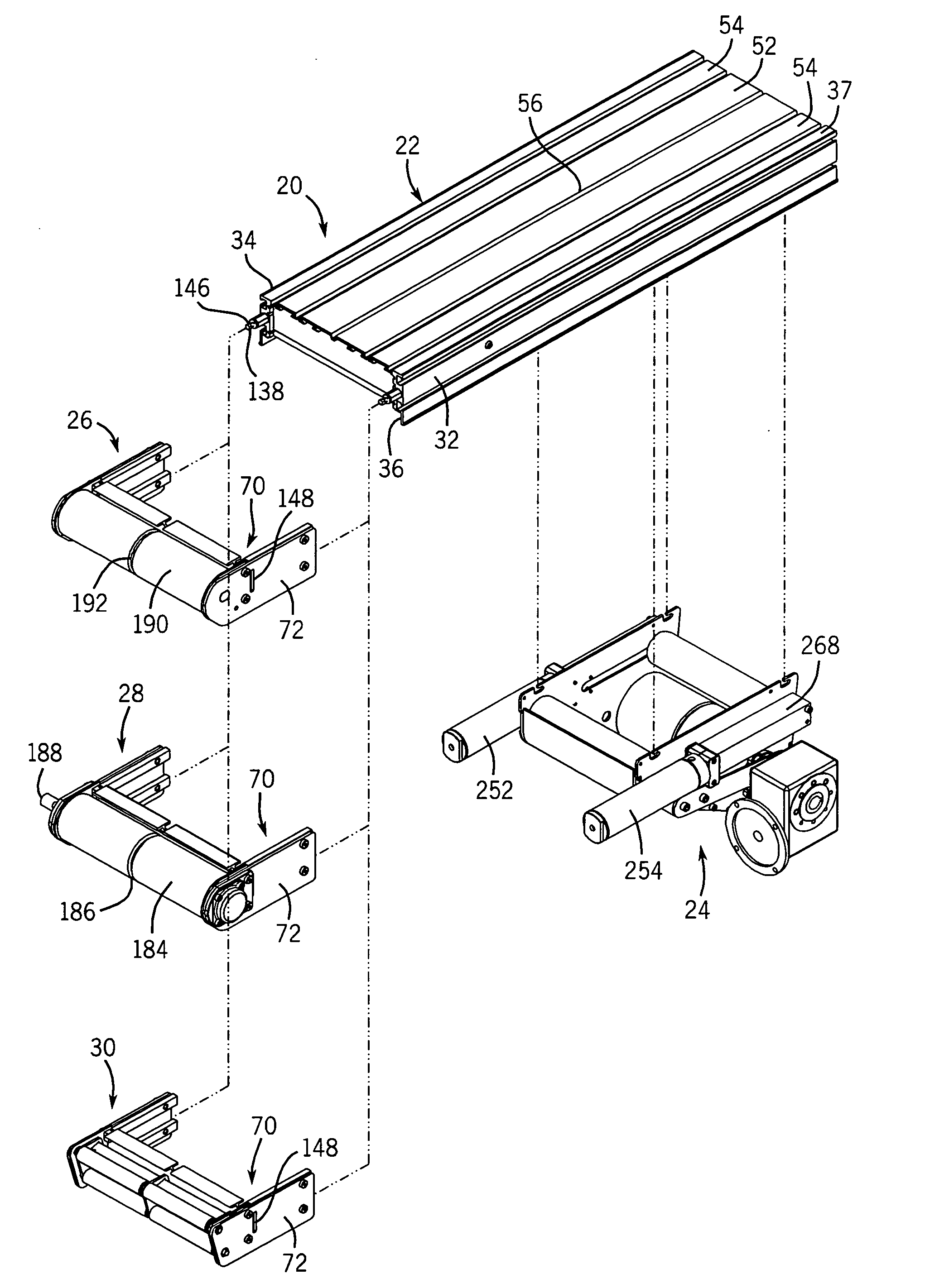 Endless belt conveyor frame and tensioning device including center drive construction