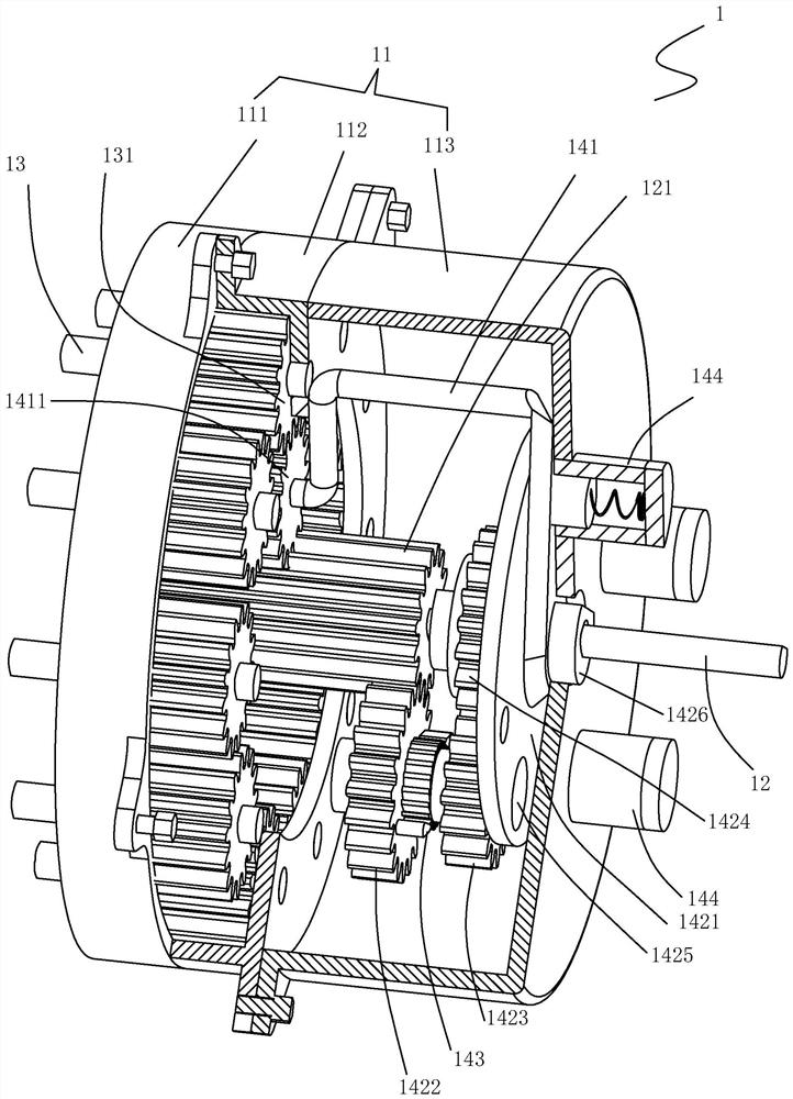 The transmission of the output shaft and the antenna device using the transmission can be selected