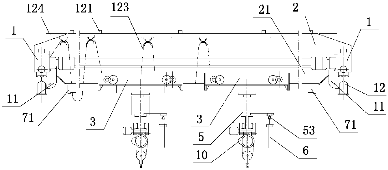 Crane provided with two hanging end beam trolleys and cantilever beams capable of rotating at any angle