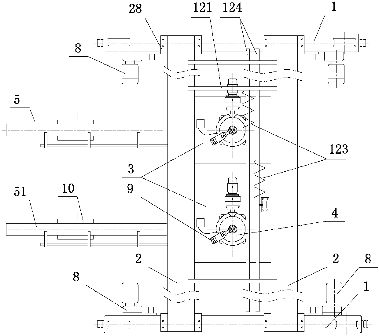 Crane provided with two hanging end beam trolleys and cantilever beams capable of rotating at any angle