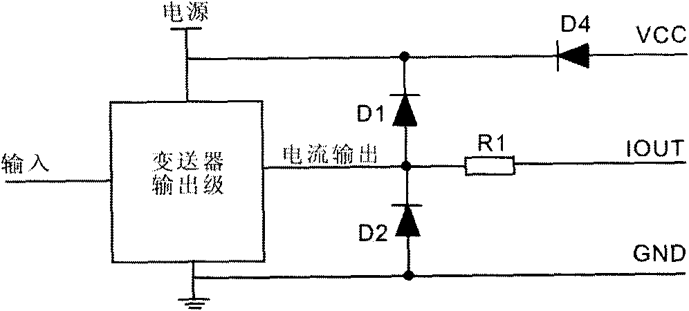 Protection circuit for three-wire system current output transmitter