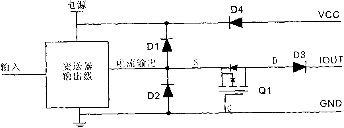 Protection circuit for three-wire system current output transmitter
