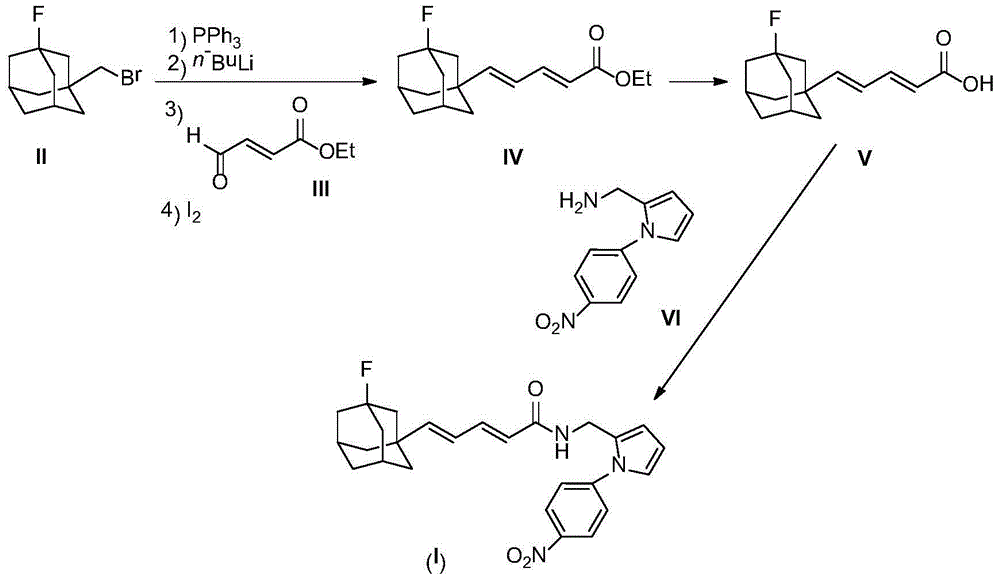 Compound containing nitrobenzene and diene fluoro adamantane structure and preparation method thereof