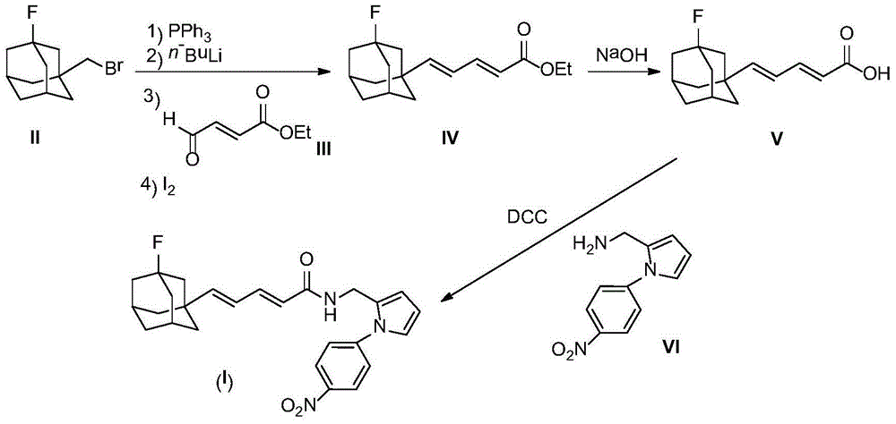 Compound containing nitrobenzene and diene fluoro adamantane structure and preparation method thereof