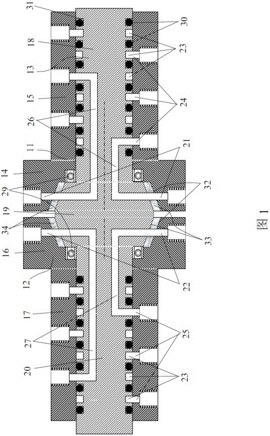 Periodic directional flow guide device for a plurality of fluids