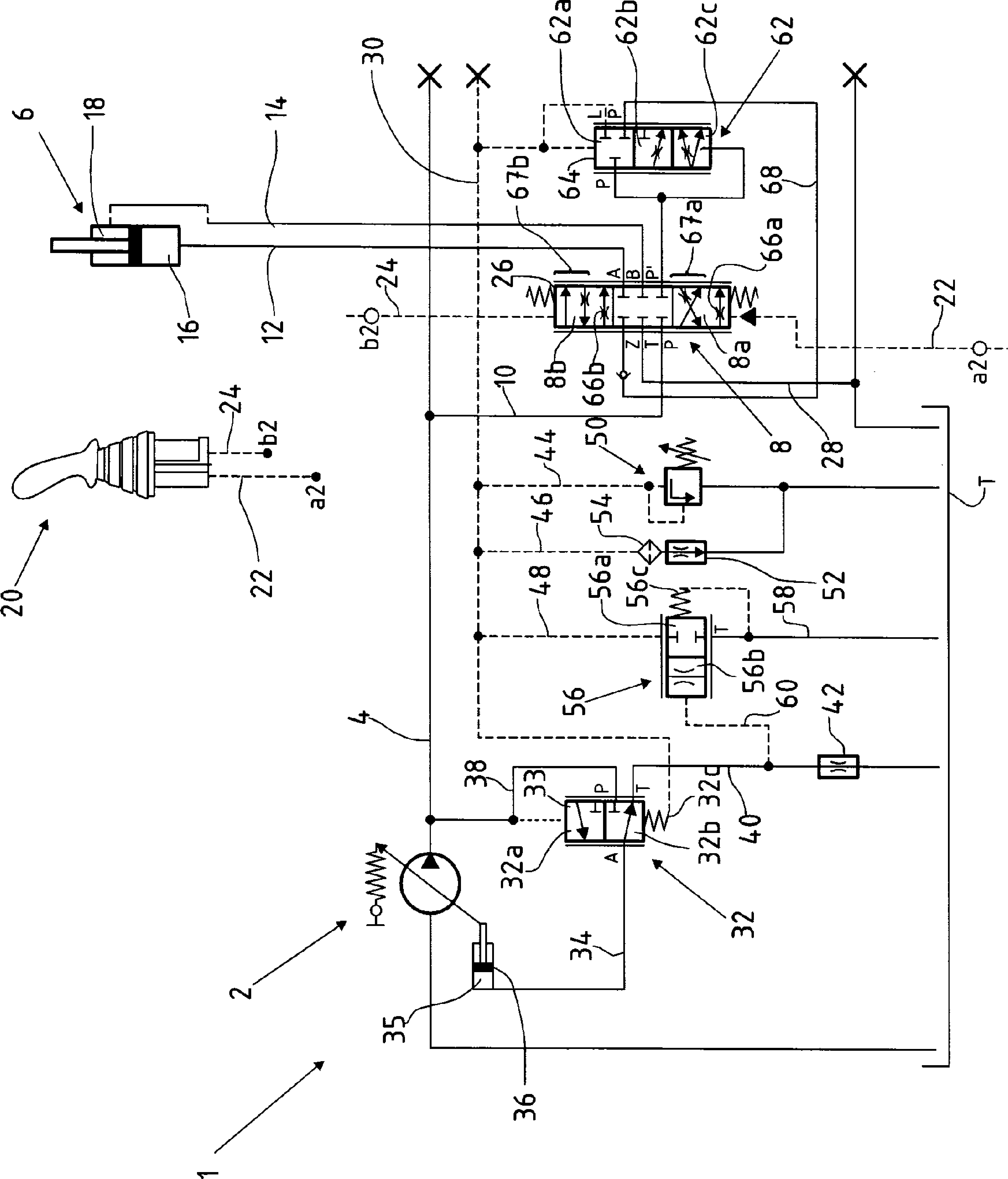 Hydraulic control system with load pressure reduction device and hydraulic valve set therefor