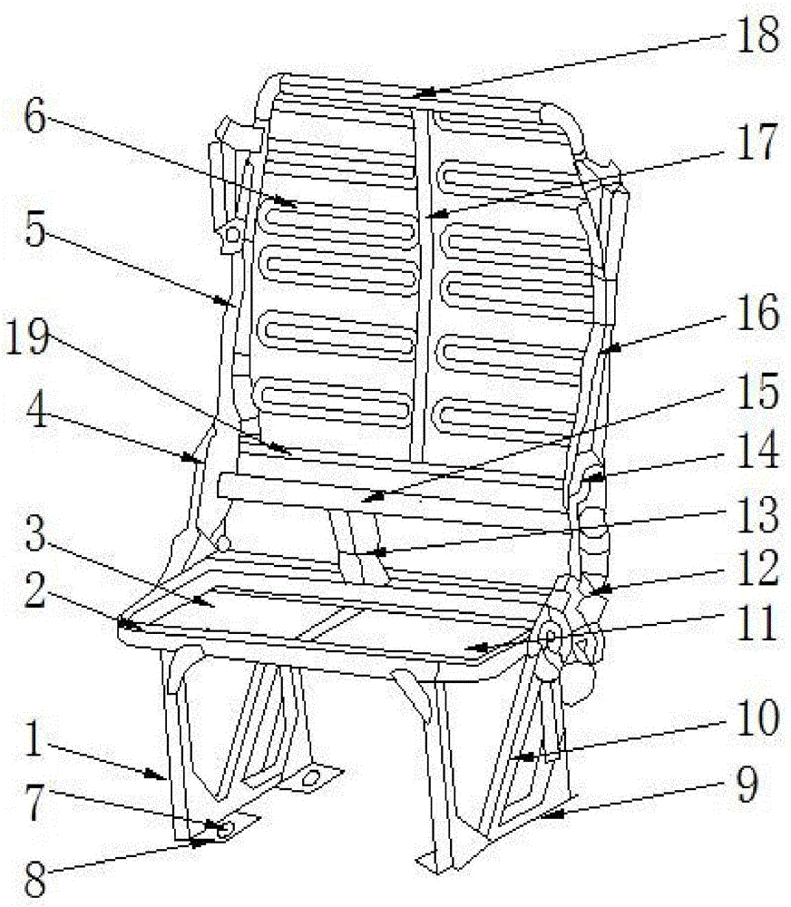 Business seat skeleton of twin seat with forward overturning backrests
