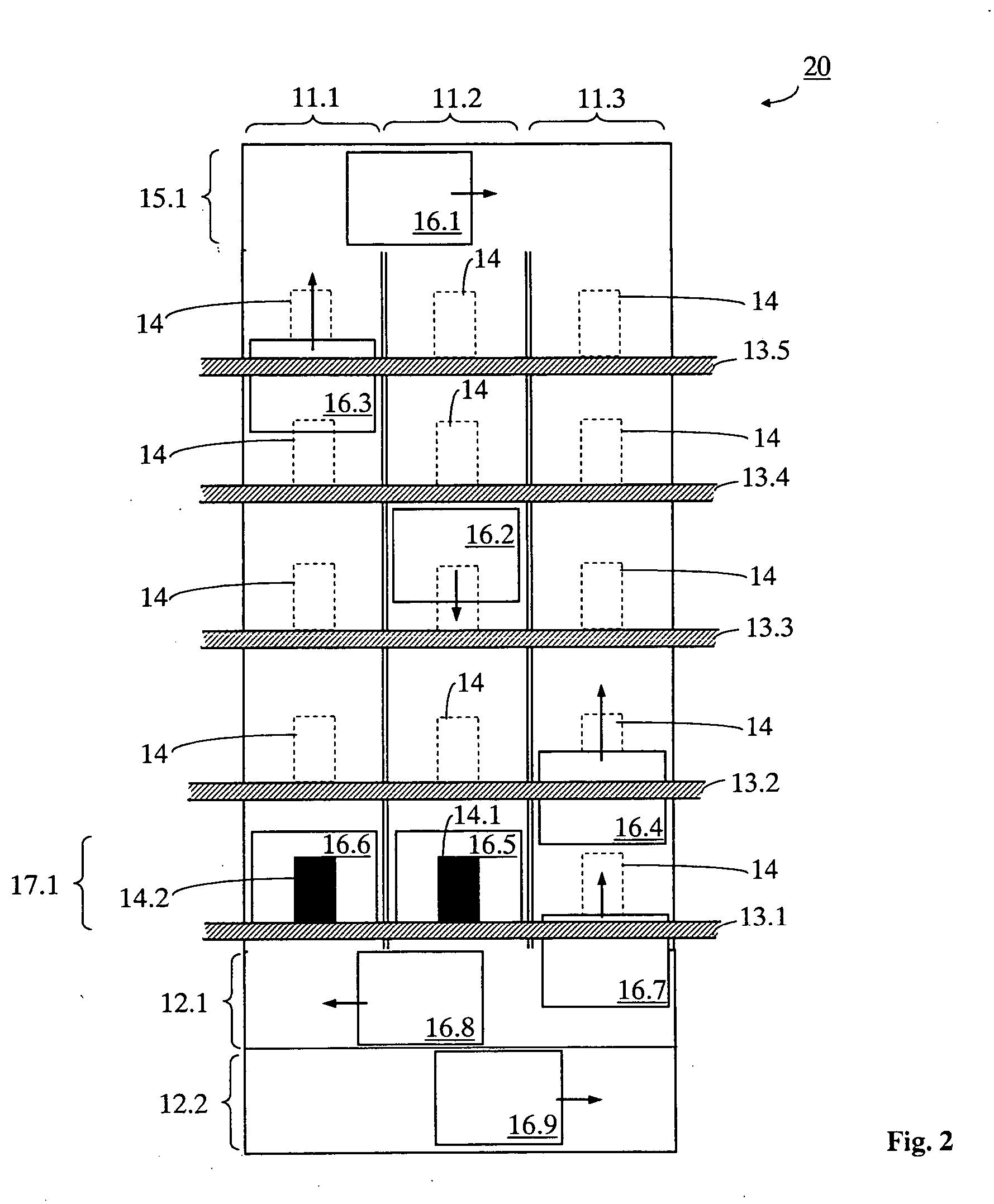 Elevator installation with at least three vertical elevator shafts arranged adjacent to one another and method for operating such a elevator shaft