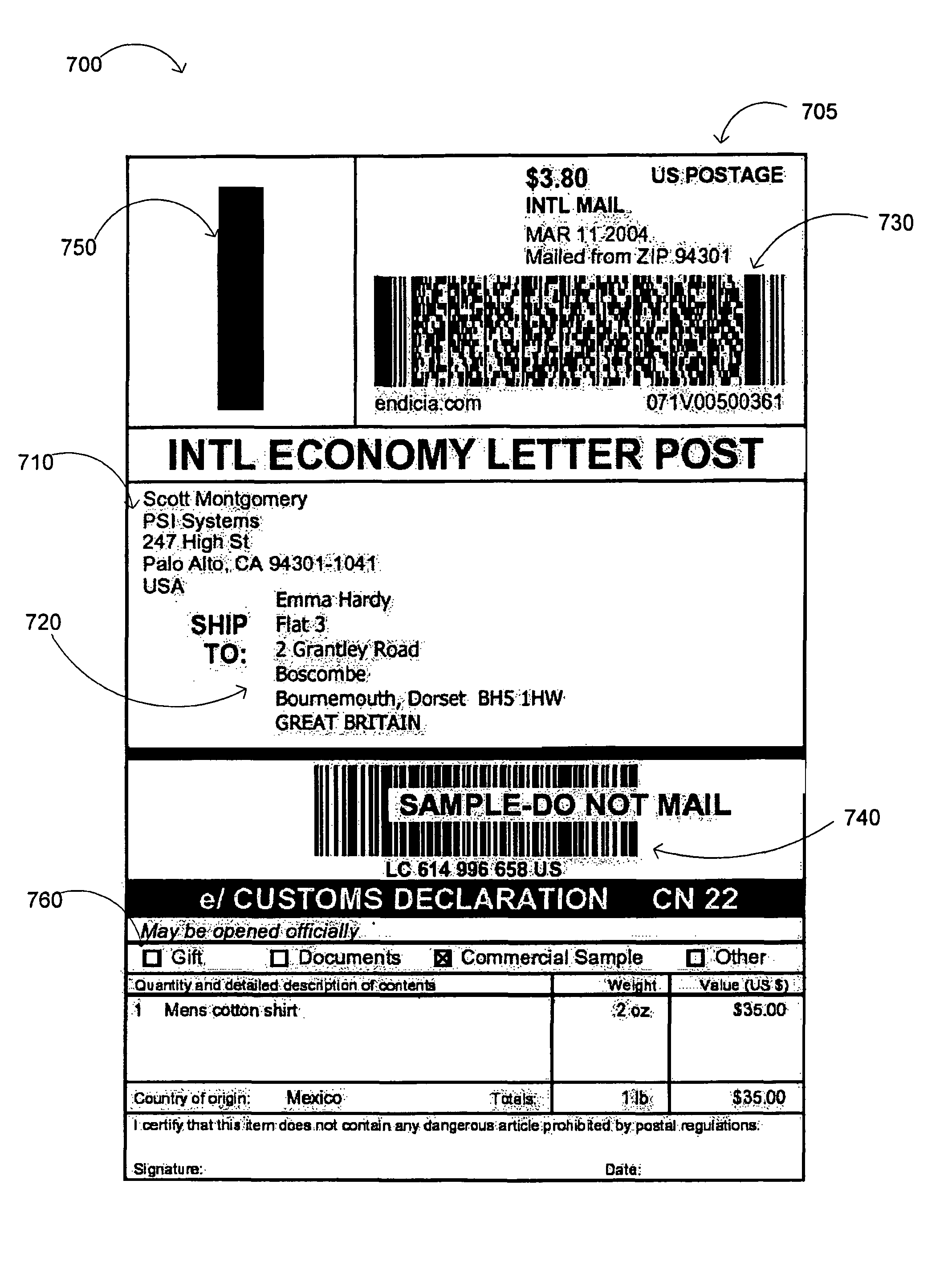 Integrated shipping label and customs form